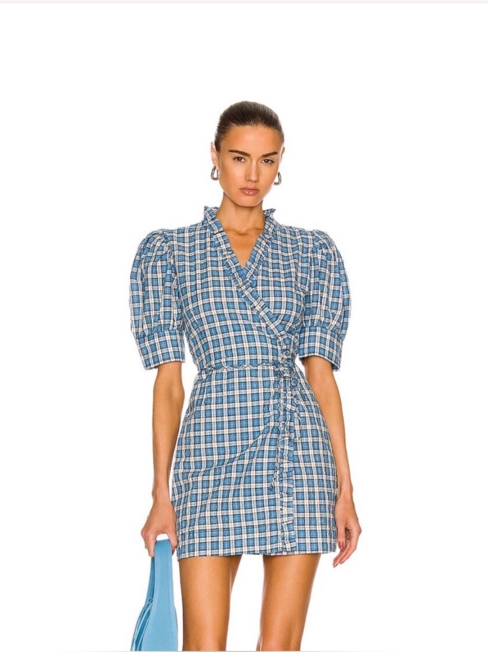 GANNI seersucker Blue Plaid Wrap Mini Dress with Puff Sleeves.